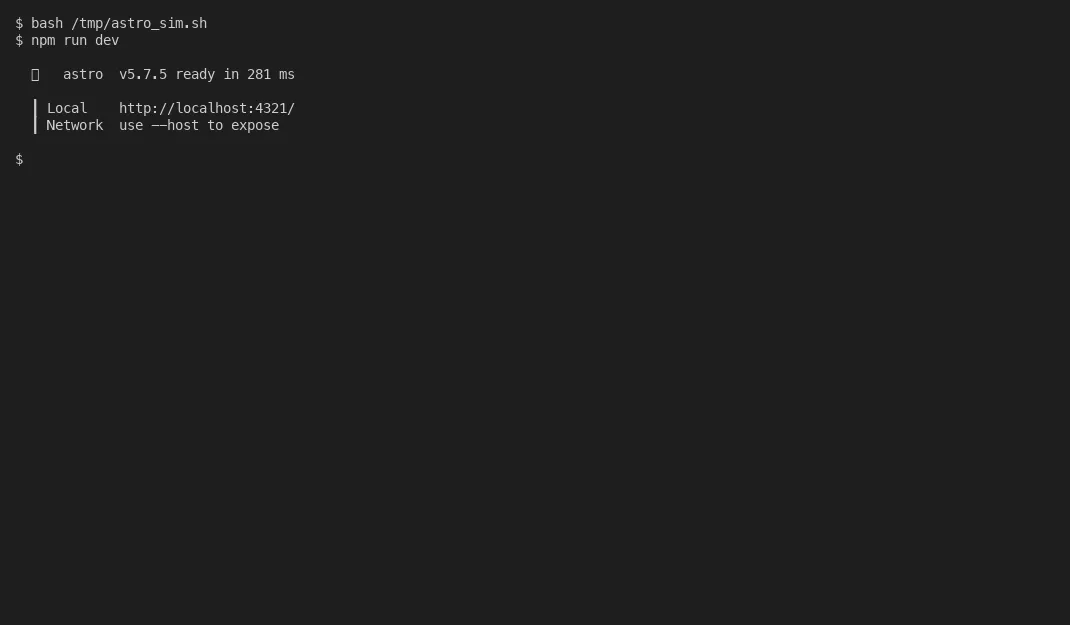Astro development server running locally with hot reload on port 4321