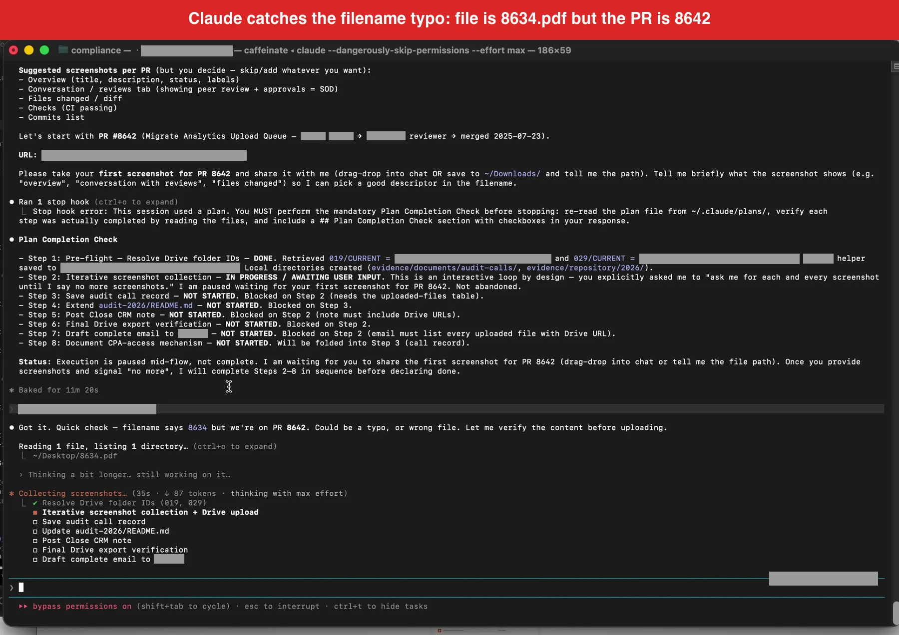 Claude caught a filename typo by visually inspecting PDF content before agreeing to upload
