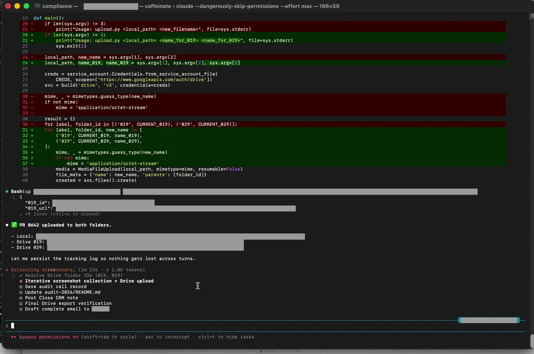 Successful upload to Drive with URL and file ID logged to a manifest