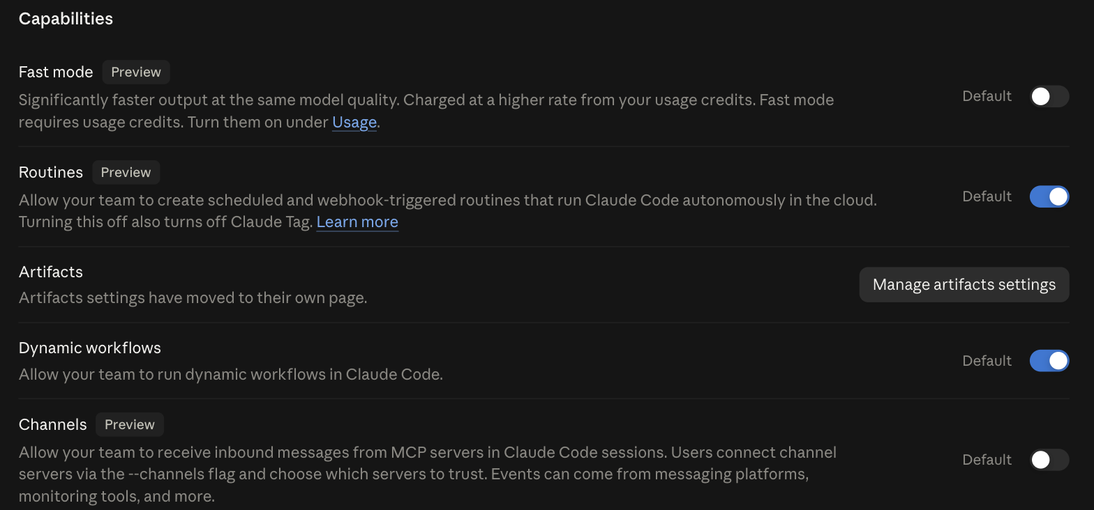 Claude Enterprise admin console Claude Code capabilities, showing org-wide toggles for Fast mode, Routines, Dynamic workflows and Channels