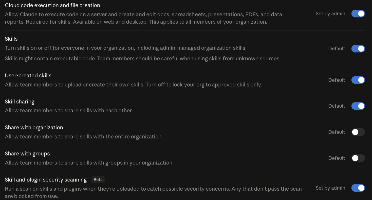 Claude Enterprise admin console skills policy page, showing toggles for user-created skills, skill sharing with the organisation and with groups, and skill and plugin security scanning in beta